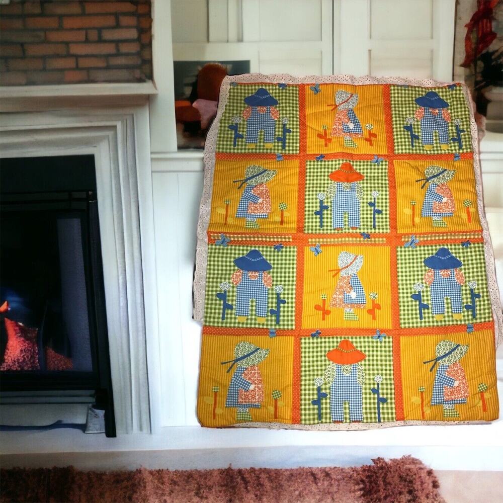 Handmade‎ Quilt Farmer Garden Couple Grn Orng Crib Blanket Throw Baby 43"x 35.5"